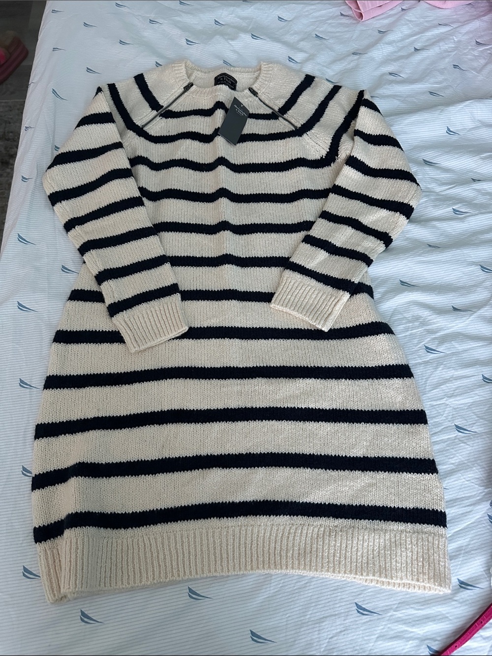 Abercrombie & Fitch Cream and Black Striped Crewneck Sweater Dress NWT PM